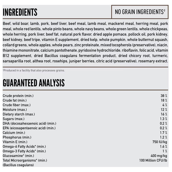 Detailed ingredient list and guaranteed analysis for a pet food product on a white background.