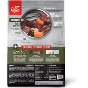 Orijen pet food package with ingredients and health benefits listed on a white background