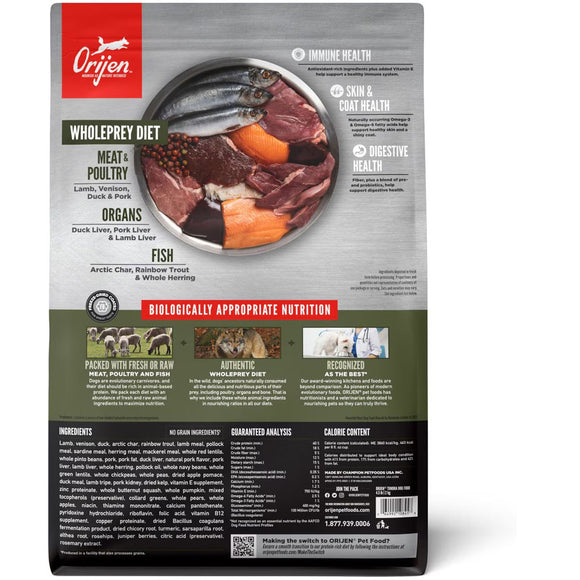 Orijen pet food package with ingredients and health benefits listed on a white background