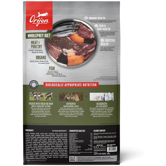 Orijen pet food package with text and images on a white background