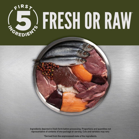 Image of fresh or raw ingredients including fish, meat, and vegetables on a metallic surface with text about the first five ingredients.