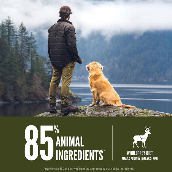 Man and dog overlooking a scenic landscape with promotional text about animal ingredients.