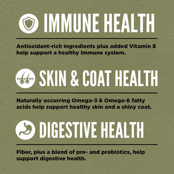 Health benefits of a product for immune, skin & coat, and digestive health on a green background.