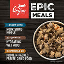 Orijen Epic Meals promotional graphic with a bowl of pet food on a dark background
