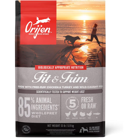 Orijen Fit & Trim dog food package with a beach scene on the label