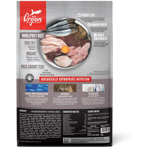 Orijen pet food package with ingredients listed on a white background