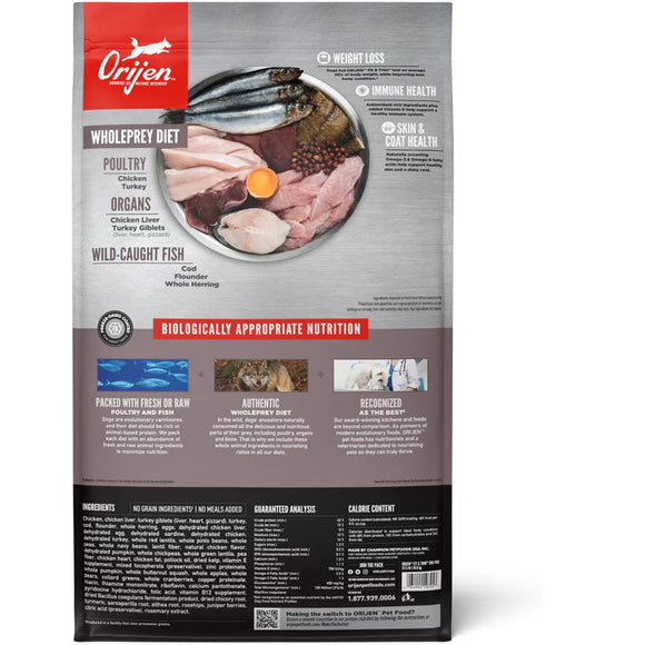 Orijen pet food package with ingredients and health benefits on a white background