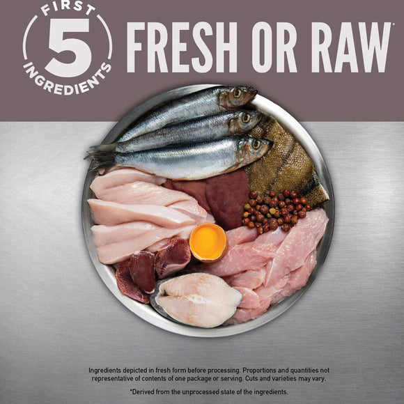 Assorted raw meats, fish, and an egg on a metallic surface with 'First 5 Ingredients' text.