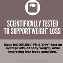 Orijen Fit & Trim weight loss product label with text and icon on a brown background