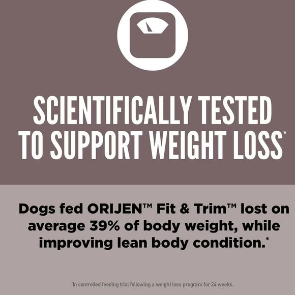 Orijen Fit & Trim weight loss product label with text and icon on a brown background