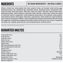 Detailed ingredient list and guaranteed analysis for a pet food product on a white background.