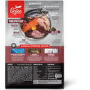 Orijen pet food package with a bowl of food on a white background