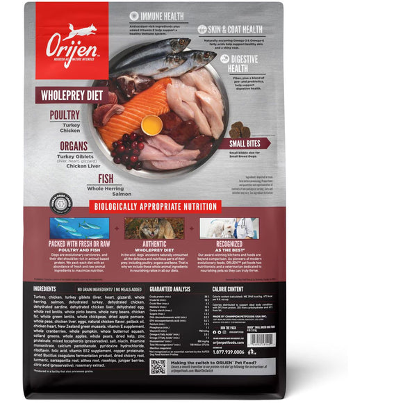 Orijen pet food package with a bowl of food on a white background