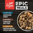 Orijen Epic Meals promotional graphic with a bowl of pet food on a dark background