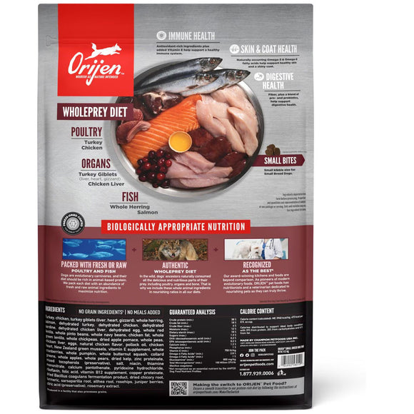 Orijen pet food package with a focus on ingredients and health benefits.