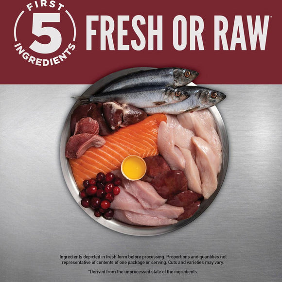 Assorted raw meats and fish on a metallic surface with 'First 5 Ingredients' branding.