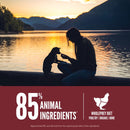 Woman and dog sitting by a lake at sunset with promotional text about animal ingredients.