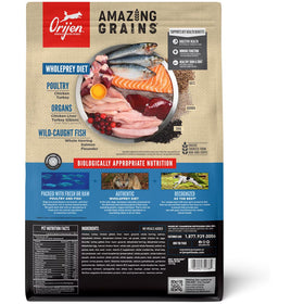 Orijen dog food package with ingredients and nutritional information on a beige background