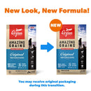Orijen dog food packaging comparison with 'New Look, New Formula!' text