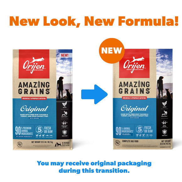 Orijen dog food packaging comparison with 'New Look, New Formula!' text