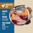 Wholeprey Diet food bowl with ingredients including poultry, organs, and wild-caught fish on a beige background.