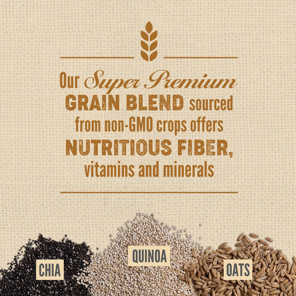 Super premium grain blend with chia, quinoa, and oats on a textured beige background.