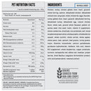 Pet nutrition facts and ingredients label for a complete dog food product.