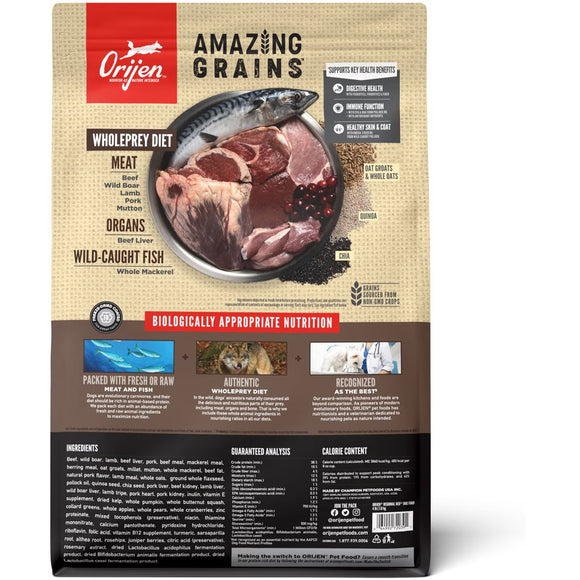Orijen dog food package with text and images of ingredients on a beige background