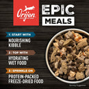 Orijen pet food packaging with text on a wooden background