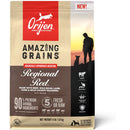 Orijen dog food package with 'Amazing Grains' and 'Regional Red' text on a white background