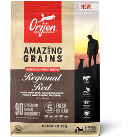 Orijen dog food package with 'Amazing Grains' and 'Regional Red' text on a white background