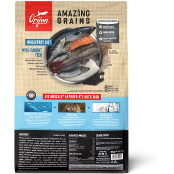 Orijen dog food package with fish imagery on a beige and blue background