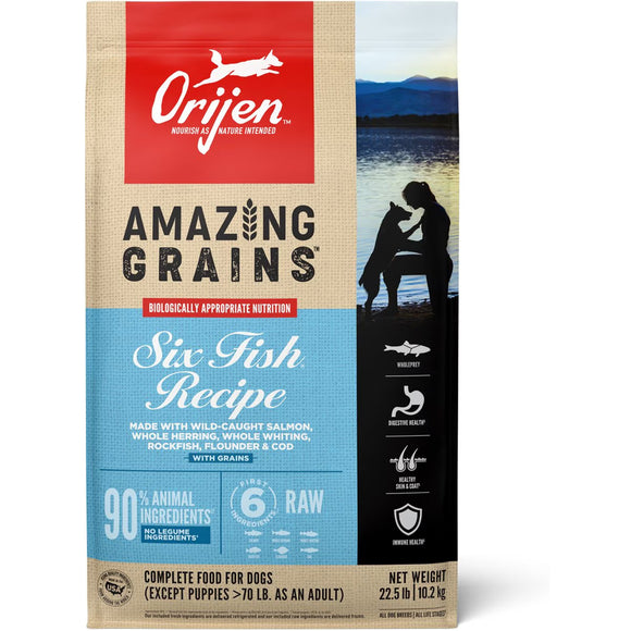 Orijen dog food package with 'Amazing Grains' and 'Six Fish Recipe' text on a white background