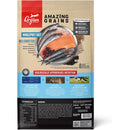 Orijen dog food package with salmon and grain imagery on a beige background