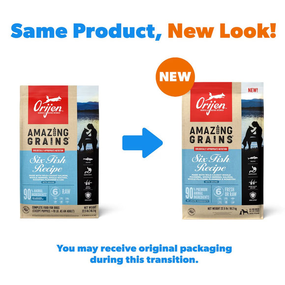 Comparison of Orijen dog food packaging with 'Same Product, New Look!' text and an arrow pointing to the new packaging.