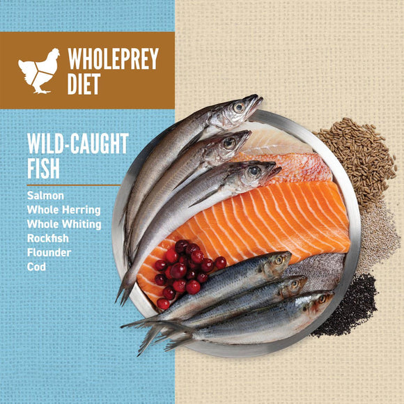 Wholeprey Diet advertisement with wild-caught fish on a plate against a blue and beige background.
