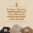 Super premium grain blend with chia, quinoa, and oats on a textured beige background.