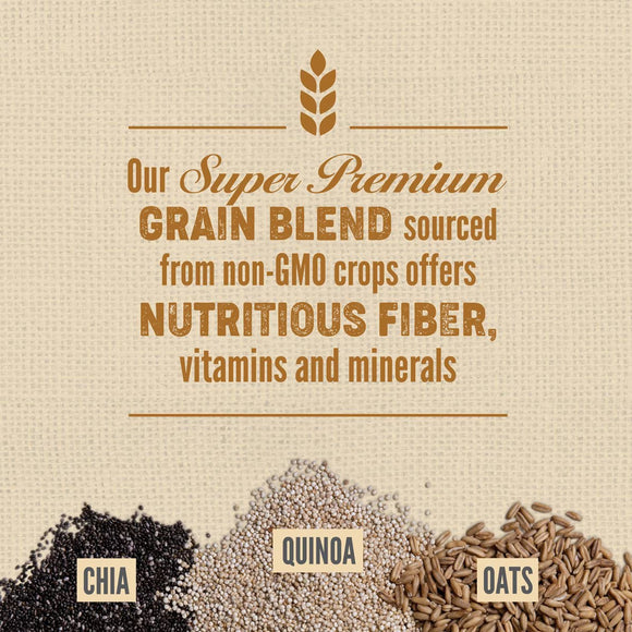 Super premium grain blend with chia, quinoa, and oats on a textured beige background.