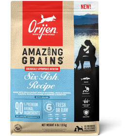 Orijen dog food package with 'Amazing Grains' and 'Six Fish Recipe' text on a white background