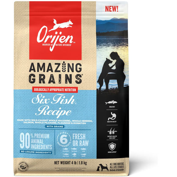 Orijen dog food package with 'Amazing Grains' and 'Six Fish Recipe' text on a white background