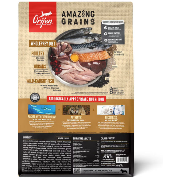 Orijen Amazing Grains dog food package on a white background