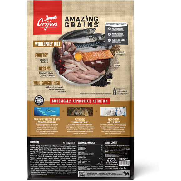 Orijen dog food package with various ingredients on a beige background