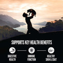 Person holding a dog with scenic background and health benefits text overlay