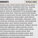 List of ingredients for a pet food product without meals added.