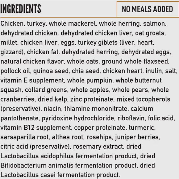 List of ingredients for a pet food product without meals added.
