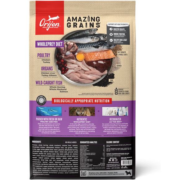 Orijen Amazing Grains dog food package on a white background
