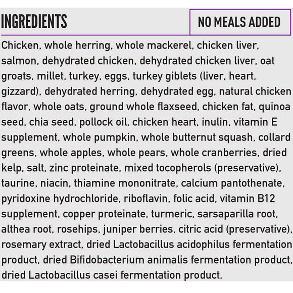 List of ingredients for a pet food product without meals added.