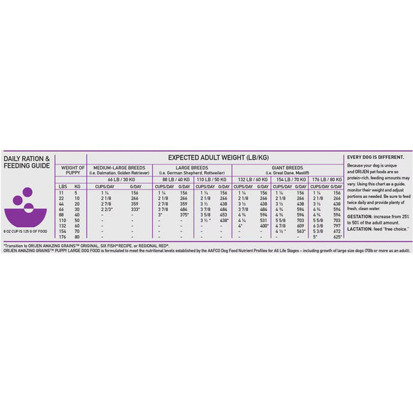 Dog food daily ration and feeding guide chart on a white background