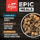 Orijen Epic Meals promotional graphic with a bowl of pet food on a dark background