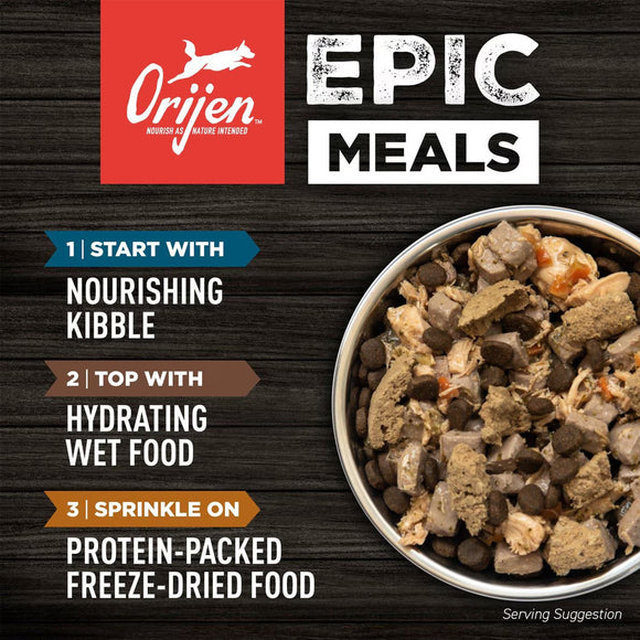 Orijen Epic Meals promotional graphic with a bowl of pet food on a dark background